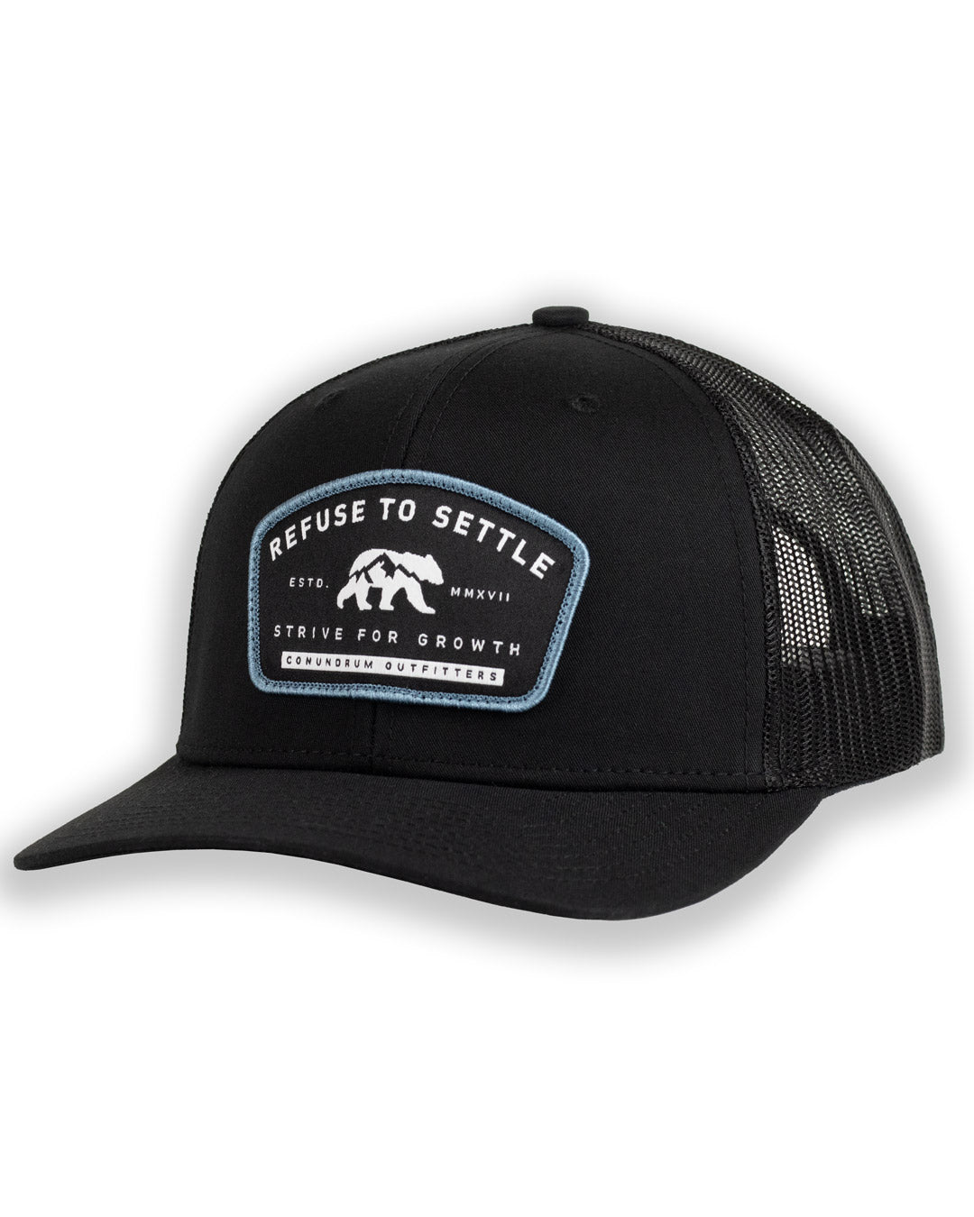 Refuse trucker hat black mid profile
